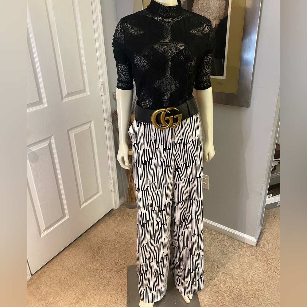 New York & Company Palazzo Black & White Abstract Pattern Wide Leg Dress Pant